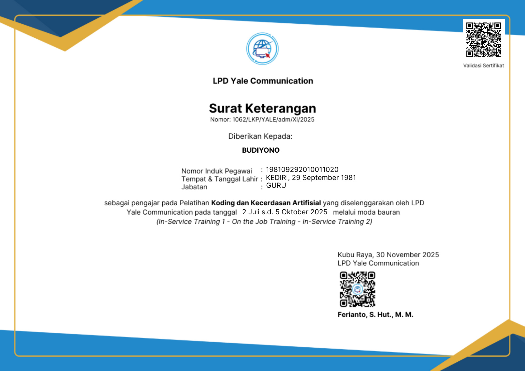 Pengajar Pelatihan Koding dan KA (Yale 1)